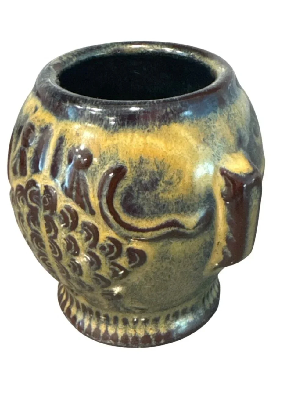 Vintage Canadian Art Pottery Glazed Ceramic Vase Embossed Elephant Signed